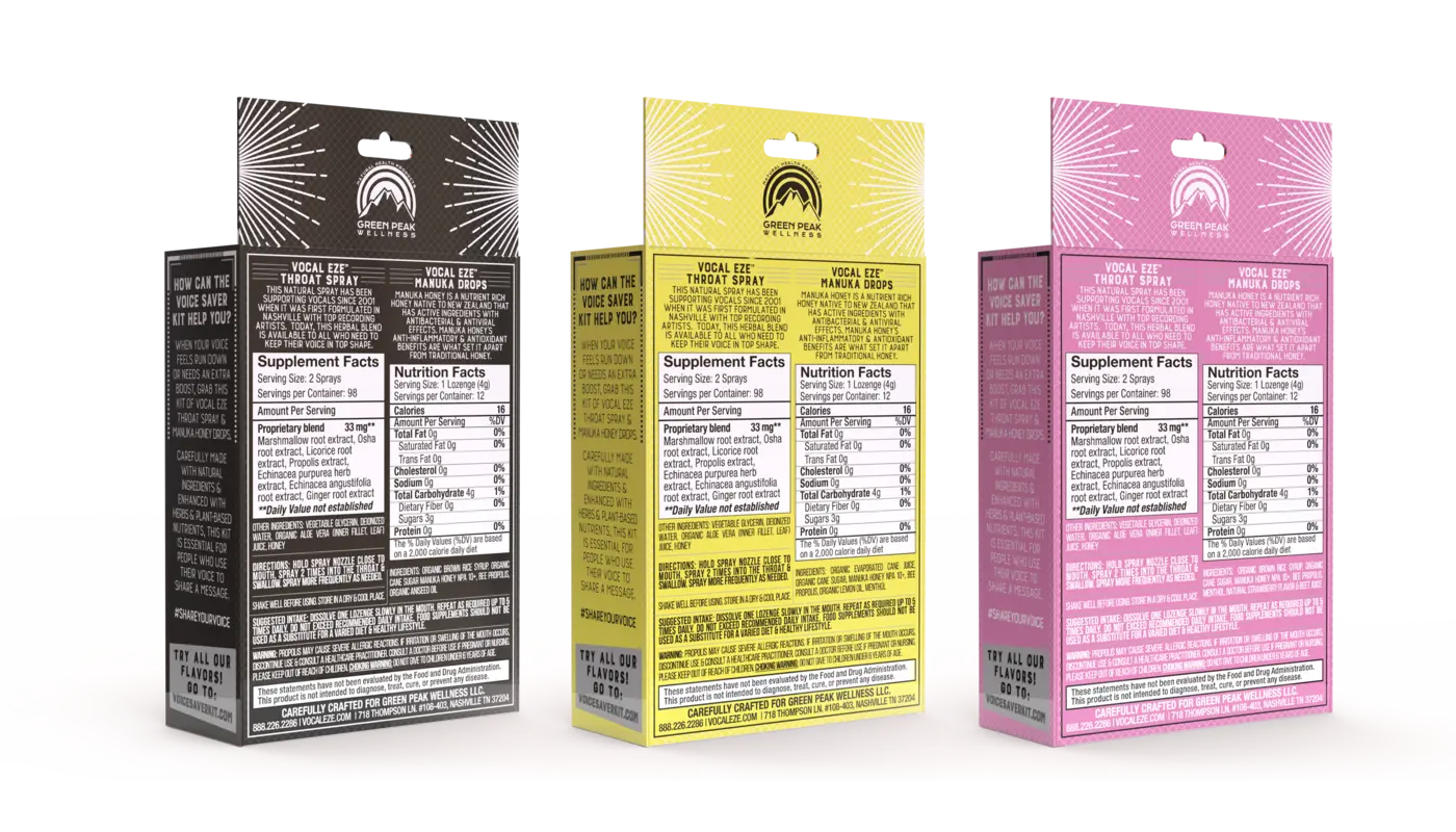 Back labels of the Voice Saver Kit spray and Manuka honey drops